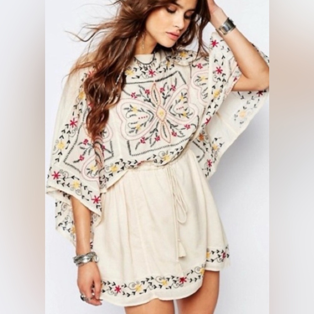 Free People Cream Embroidered Mini Dress